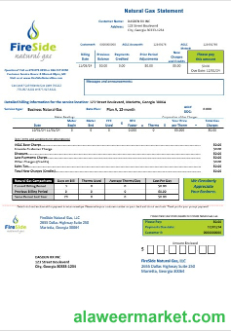 USA California FireSide natural gas busienss utility bill template in Word and PDF formats